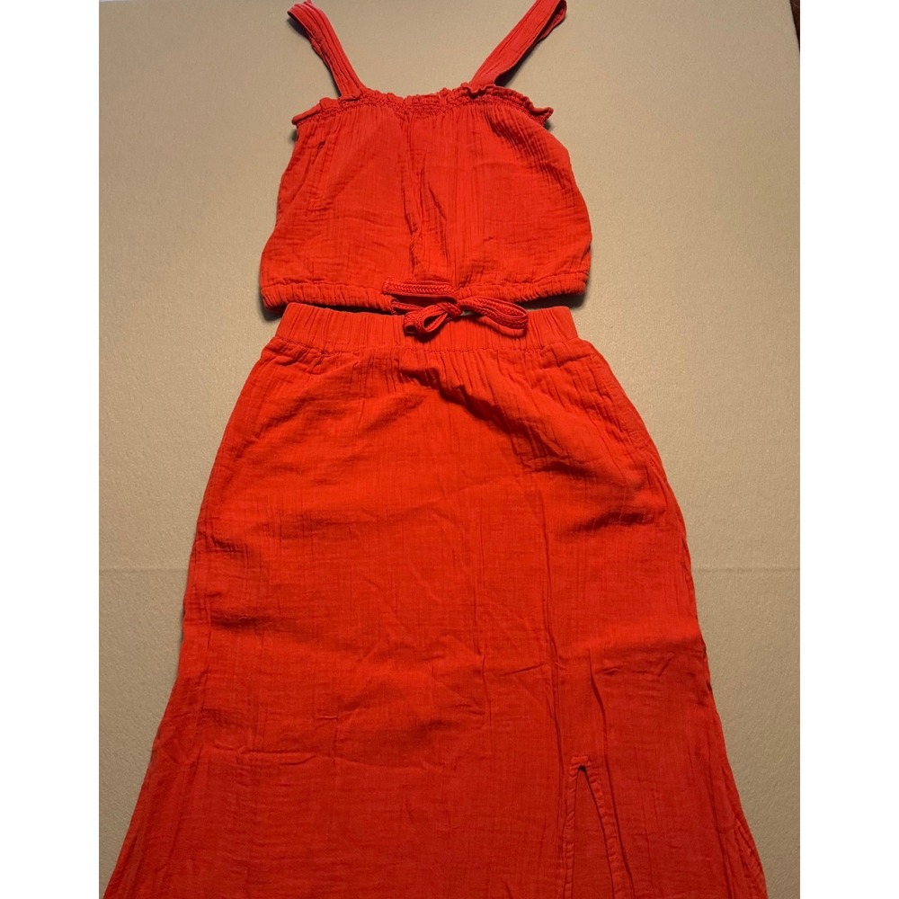 Pact Organic Cotton Gauze Crop Top Maxi Skirt Set Red Women Small XS